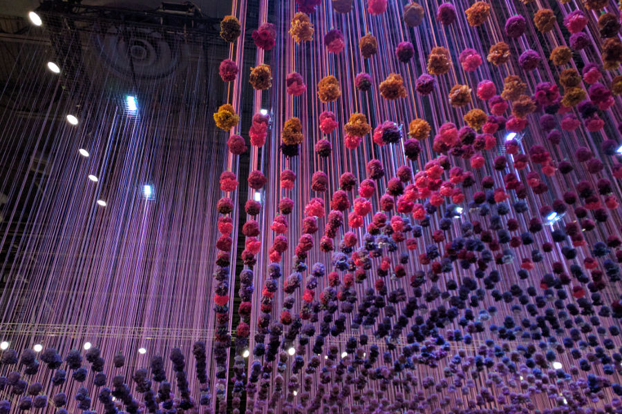 Flowers are suspended over head at the Philadelphia Flower Show 2017.