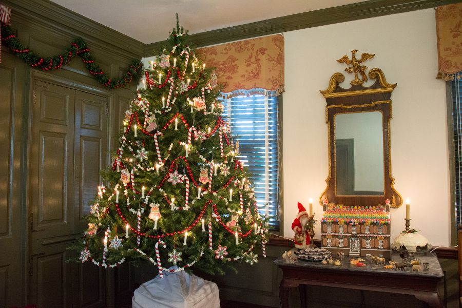 Christmas tree and gingerbread house in the Wilson-Warner House in Historic Odessa, Delaware.