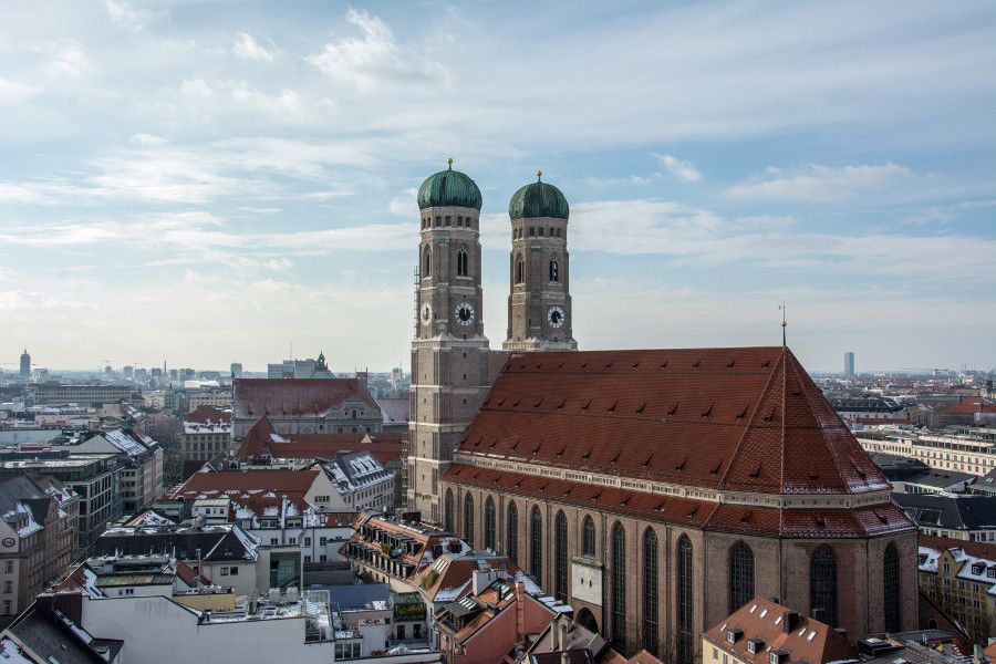 The view of the Frauenkirche from Munich's Neues Rathaus tower observation deck.