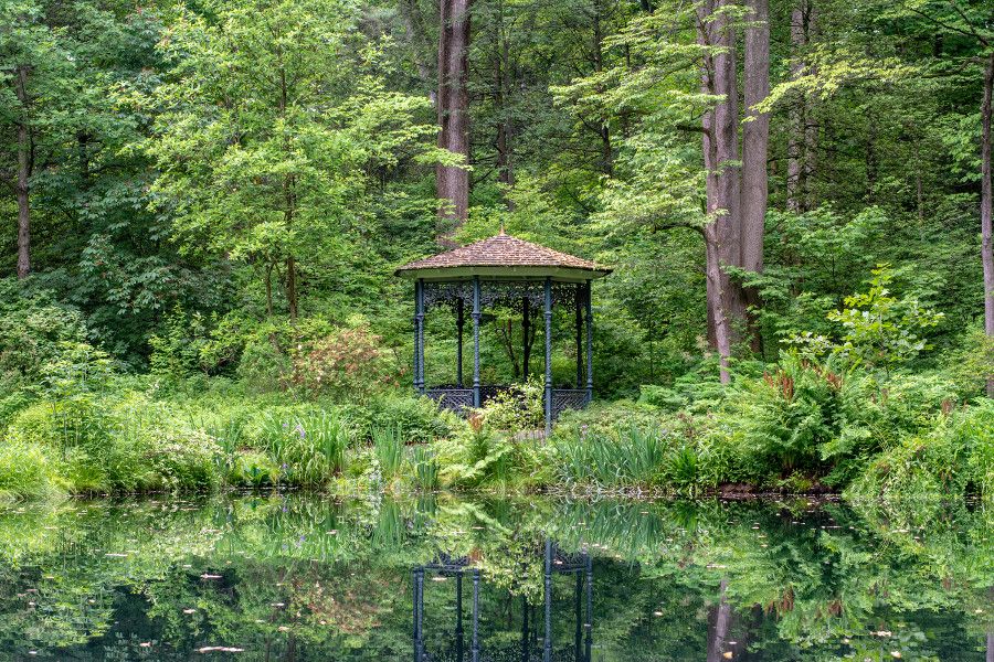Gazebo overlooking a pond at Mt. Cuba Center in Delaware.