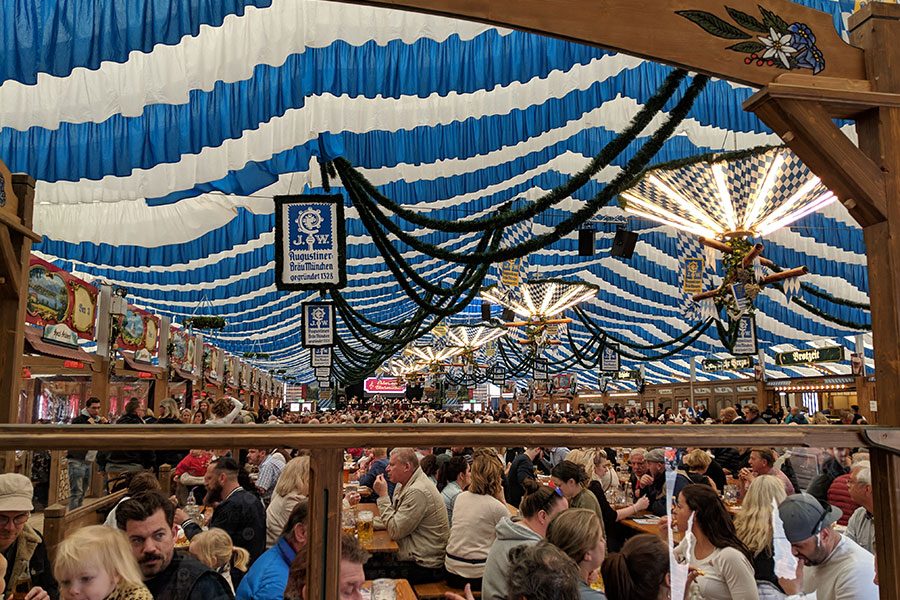 Inside the Festhalle Bayernland beer tent at Munich Frühlingsfest.