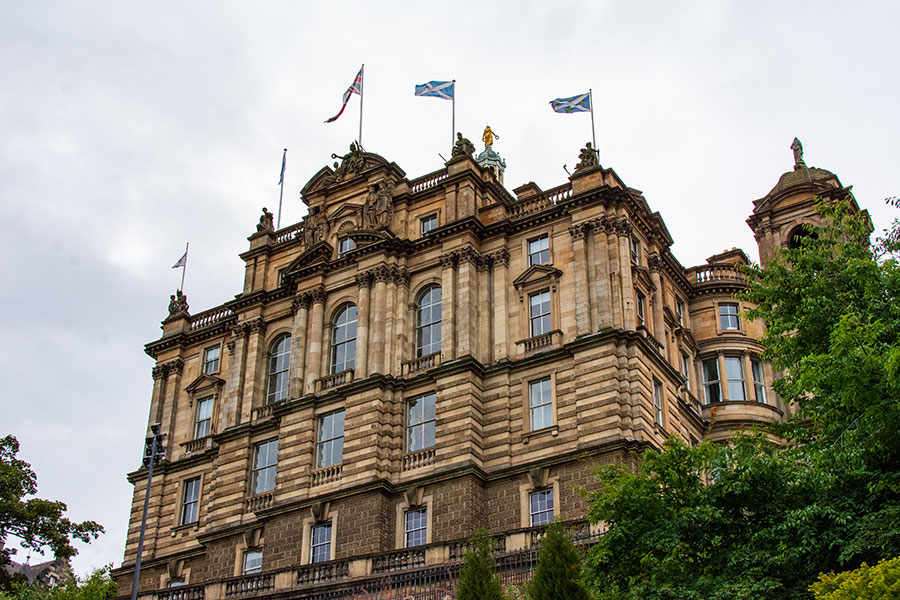 The Bank of Scotland stands impressively over the Princes Street Garden.