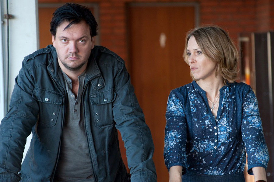 Charly Hübner as the intense detective Alexander Bukow in a scene from the German crime drama Polizeiruf 110.