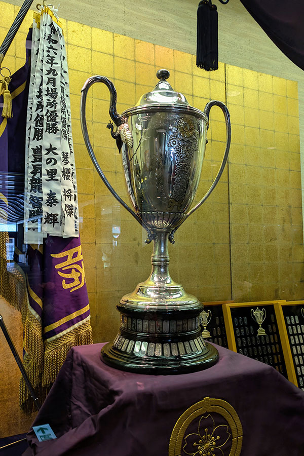 The Emperor's Cup stands on display in Ryogoku Kokugikan in Tokyo, Japan.