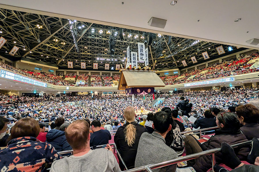 The view inside the Ryogoku Kokugikan in Tokyo from Box B seats.