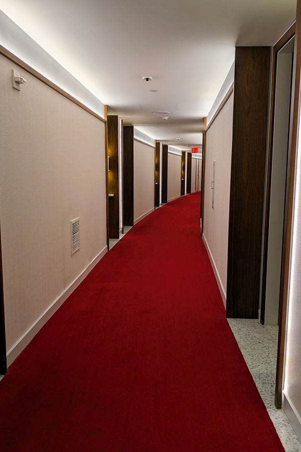 Curved red carpet hallway at the TWA Hotel in New York – stylish retro interior inspired by 1960s airline design