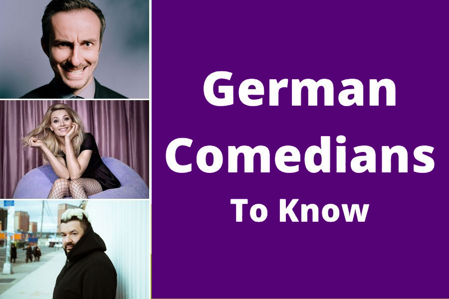 Featured image for a blog post on German humor, showing a collage of satirist Jan Böhmermann, character comedian Martina Hill, and social commentator Oliver Polak with the text 'German Comedians To Know'.