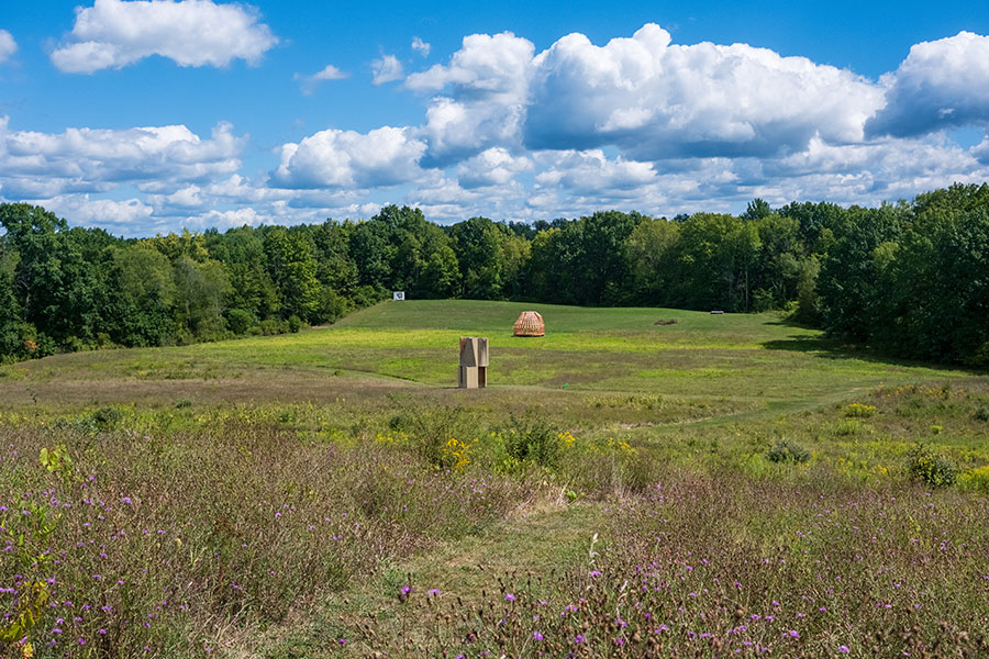 Sweeping view of the large-scale contemporary sculptures dotting the rolling fields of Art Omi sculpture park in Ghent, NY.