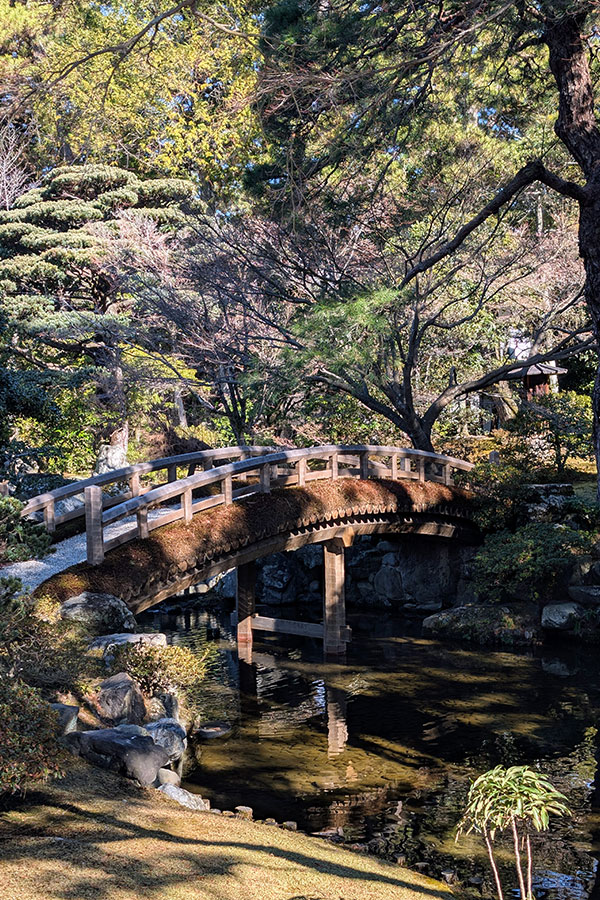 An arched, rustic wooden bridge covered in moss spans a calm stream in the gardens of the Kyoto Imperial Palace, with its reflection visible in the water.