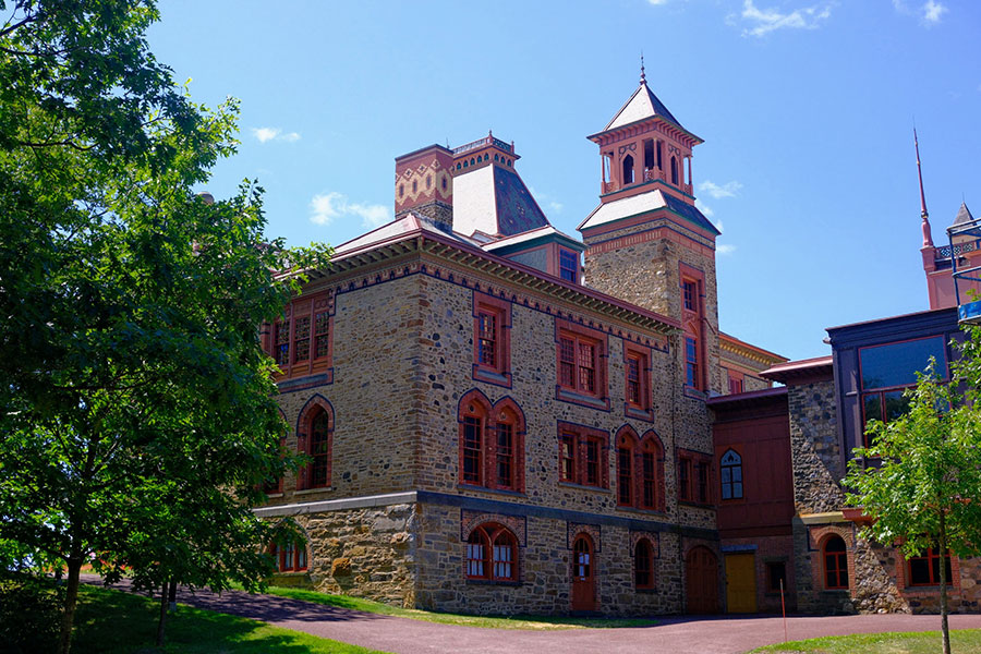 The unique Persian-inspired Victorian stone facade of the main house at Olana State Historic Site, home of artist Frederic Church in Hudson, NY.