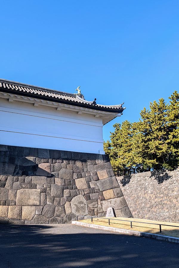 A close-up of the intricate stone wall and the white upper structure of the Sakuradamon Gate, featuring a golden Shachihoko ornament on its tiled roof