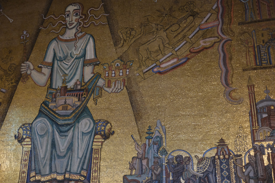 Detailed gold mosaic mural of the Queen of Lake Mälaren in the Golden Hall of the Stockholm City Hall.