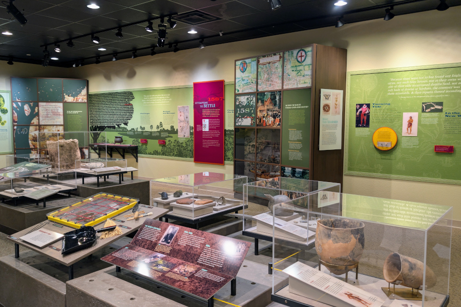 Museum exhibit at Fort Raleigh National Historic Site featuring artifacts and displays about the Roanoke Colony.