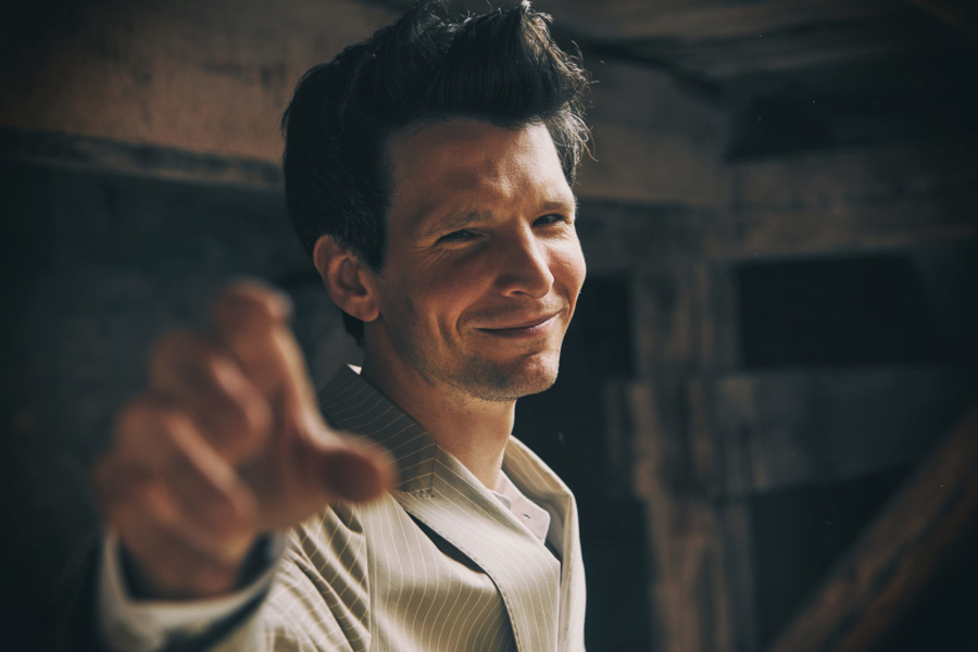 German actor Sabin Tambrea, star of "Ludwig II" and "Heimweg," posing for a German language learning film feature.